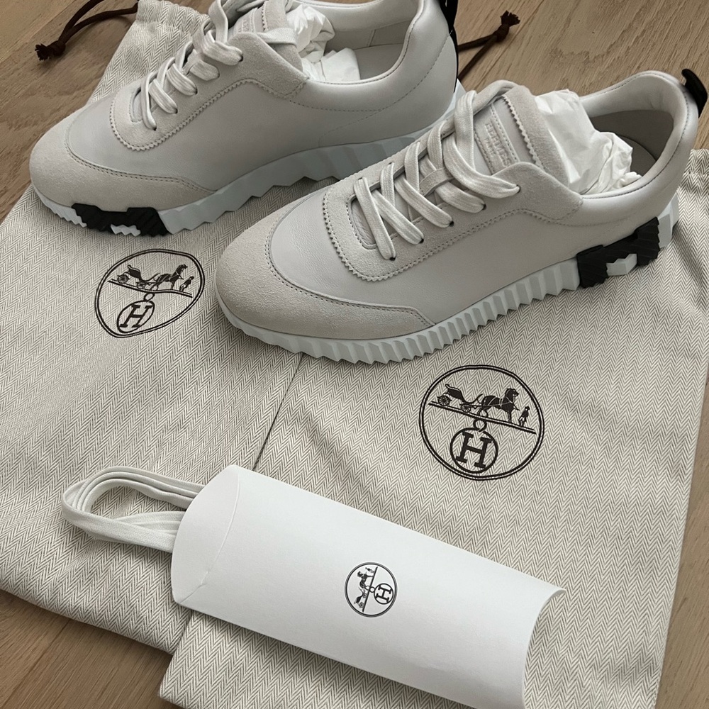 Hermes Off-White Leather & Suede Low-Top Sneakers with Black Sole Accents